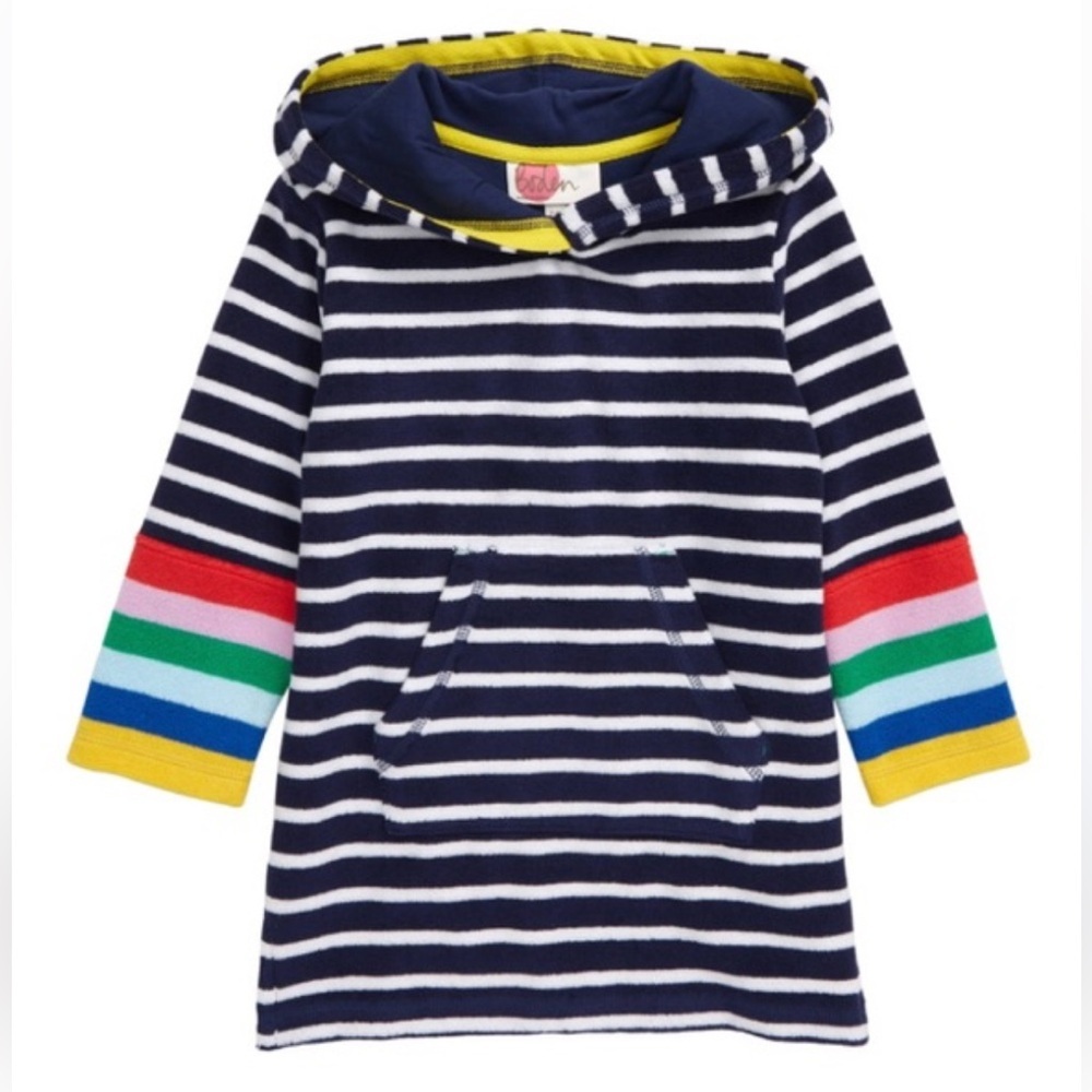 Mini Boden Hooded Towel Swim Cover Up Navy White Stripe Rainbow Cuff Size 7 8